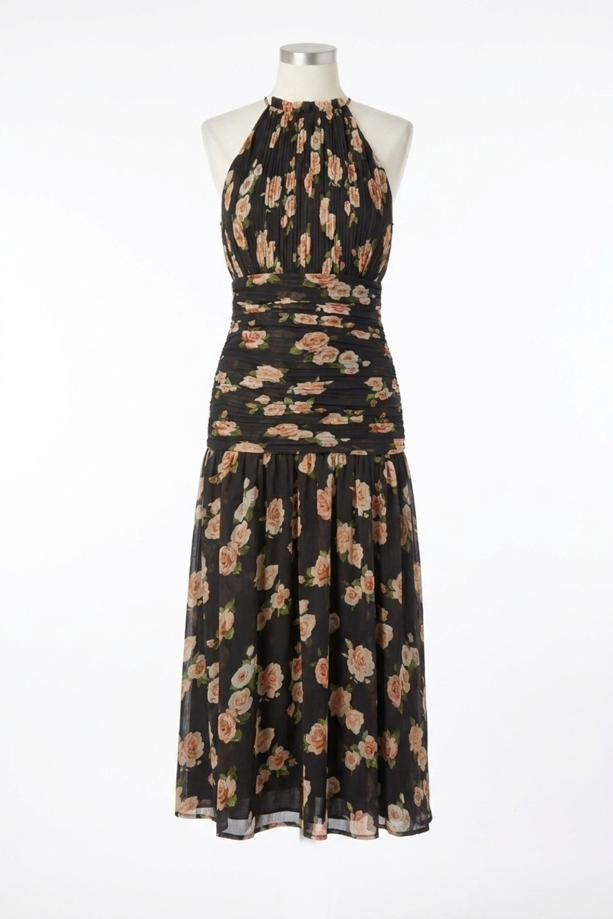 NEW FATE women's rose print ruched detail halter dress in black multi